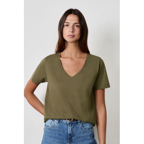 T-Shirt Col V Manches Courtes En Coton - Gaby - L - Vert Anglais - Femme - Etam