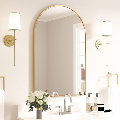 Elemango Miroir Mural Arqué pour Salle de Bain, 50 X 75 cm Miroir Mural Arqué avec Cadre en Métal, Miroir de Courtoisie Décoratif Doré pour Cheminée, Chambre à Coucher, Entrée, Salon
