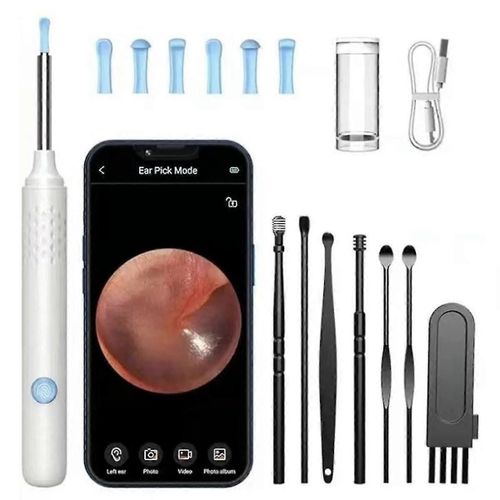 Dissolvant De Cérumen,Kit De Nettoyage D'oreille Avec 6 Cure-Oreilles,Otoscope De Nettoyage D'oreille Caméra D'oreille (Blanc) 