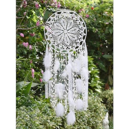 Grande suspension murale en macramé blanc plume dreamcatcher pour mariage vintage ou décoration intérieure - 80 Long 30 Diamètre Cercle (blanc)