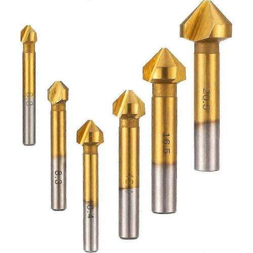 6 pcs HSS Fraisage Fraisage 90Chanfrein 6.3mm 8.3mm10.4mm12.4mm16.5mm20.5mm Cutter Métal PVC