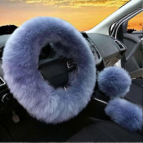 Set Femmes Mode D'hiver Laine Fourrure Doux Fourrure Volant Housses Gris Bleu Fluffy Housse De Frein À Main Couverture De Changement De Vitesse Couverture Fuzz Chaud Antidérapant Voiture Déco 3pcs