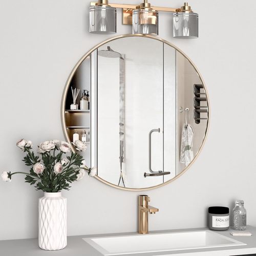 Elemango Miroir rond 60 cm, miroir circulaire pour salle de bain, miroir mural avec cadre métallique pour entrée, salle de bain, coiffeuse, salon, grand miroir rond doré pour décoration murale