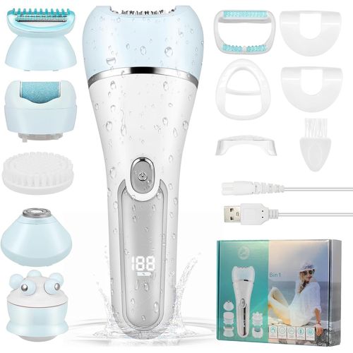 Épilateur Électrique Pour Femme, 6 En 1, Visage Pour Femme, Sans Fil, Écran Led Rechargeable, Wet And Dry Avec Brosse Exfoliante, Brosse De Nettoyage, Tête De Massage (Bleu)