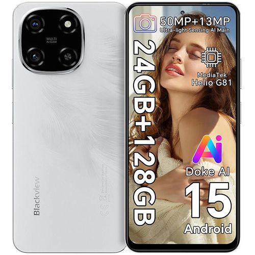Blackview COLOR 6 Téléphone Portable Débloqué 24Go+128Go/2To 6.67" 50MP+13MP 5000mAh Android 15,Dual SIM 4G,GPS - Blanc