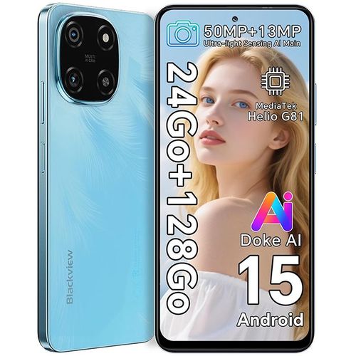 Blackview COLOR 6 Téléphone Portable Débloqué 24Go+128Go/2To 6.67" 50MP+13MP 5000mAh Android 15,Dual SIM 4G,GPS - Bleu