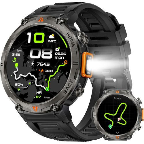 GPS Montre Connectée Homme avec Appels Bluetooth 1,45"" Militaire Smartwatch 3ATM Étanche avec Torche LED Boussole 110+ Modes Sportifs Fréquence Cardiaque