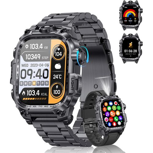 Montre Connectée Homme(2 Bretelles), 2.01'' HD Smartwatch Militaire avec Appels Bluetooth Torche LED 650mAh 150+ Mode Sportifs Surveiller Cardio Podometre Sommei, Fitness Tracker pour iOS Android-Noir