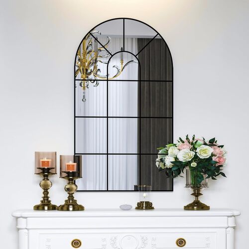 Elemango Miroir mural bombé pour fenêtre - 105 x 60 cm - Miroir décoratif - Miroir vanité pour salle de bain, chambre à coucher, salon, vitre de fenêtre, miroir de ferme pour décoration murale, noir