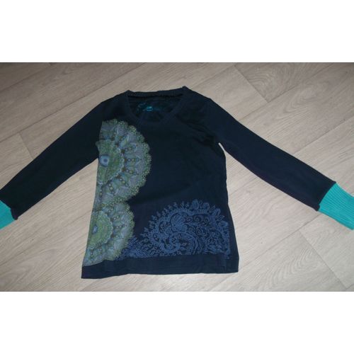 Pull  Long Desigual Tons Bleus Paillettes Taille Xl Tbe