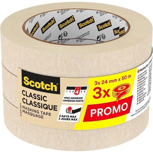 Scotch Ruban De Masquage Classic Premium,Promo Pack De 3 Rouleaux,24 Mm X 50m-Pour Peinture Et Décoration Intérieure