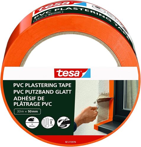 Ruban Adhésif de Plâtrage avec Support en PVC Renforcé-Protection lors du Plâtrage en Extérieur-Résistant aux Températures,Se Déchire à la Main-Orange-33 m x 50 mm