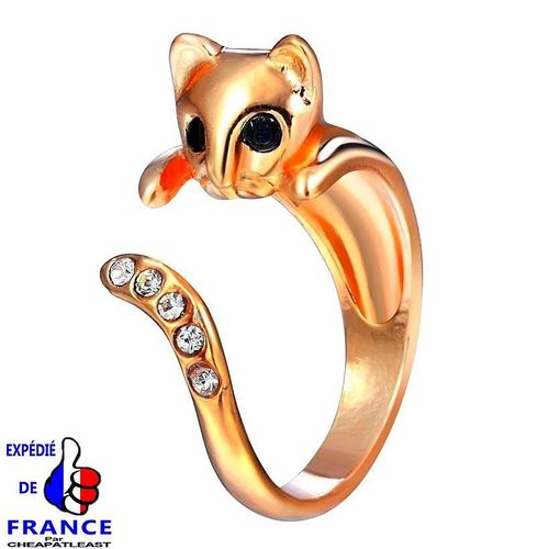 Bague Chat Avec Strass Métal Doré- Ajustable - -