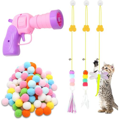 Pistolet À Balle En Mousse Pour Chat, 100 Balle Pour Chat Pompon Colorés, Jouets Pour Chats Interactifs D'intérieur Avec Jouets À Suspendre Pour Chat