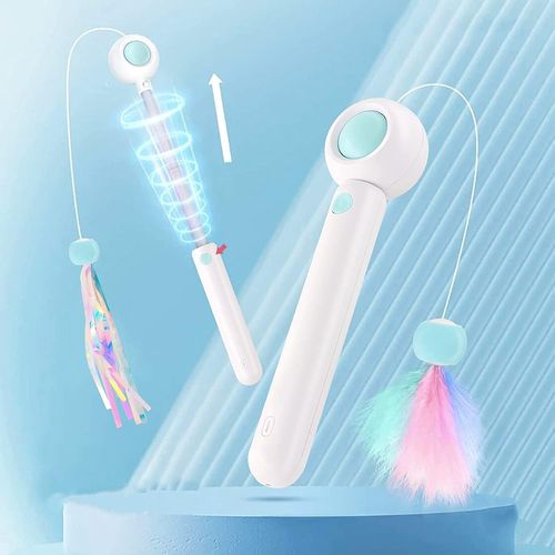 Jouet En Plumes De Chat Interactif,Jouets À Tiges De Plumes De Chat Rétractables-Avec Plumes Et Longs Rubans, Jouets De Chat Rétractables À Un Bouton,Réglage Flexible De La Longueur,Bleu