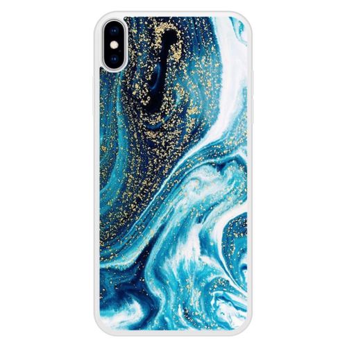 Coque Silicone Renforcée - Compatible Apple Iphone Xs - Design Marbre Bleu Paillete