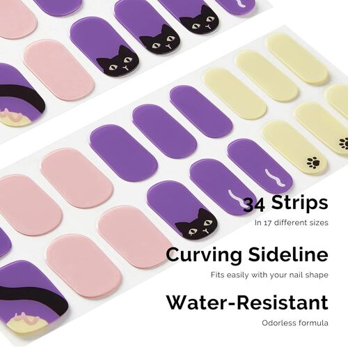Autocollants À Ongle, 34pcs Nail Art Decal Strip Gel Vernis Adhésif Semi-Permanents De Qualité Professionnell Avec Finition Gel Souple Nails Wraps Pour Femmes Filles, Black Cat 