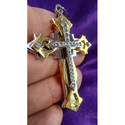 Croix De Jésus, Pendentif Métal Couleur Or. Avec Petites Pierres Agate. Magnifique Croix Chrétienne, Une Des Plus Belles De Ma Collection. Parfaite Idée Cadeau. 6.2 Cm Sur 4.5 Cm. Lot 648