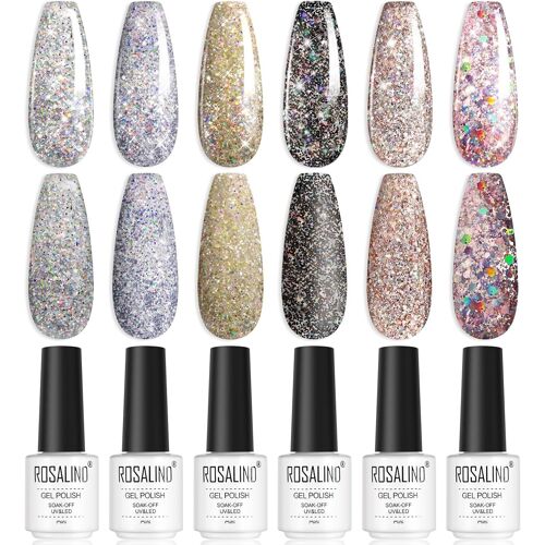Vernis Semi Permanent, Vernis Gel Uv Semi Permanent 6 Couleurs Rose Argent Jaune Noir Paillettes Vernis À Ongles Soak Off Uv/Led Semi-Permanent Manucure 