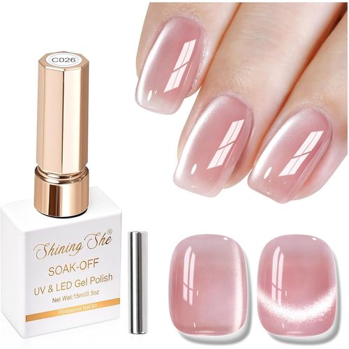 Kal-Vernis Cat Eyes Semi Permanent, 15ml Rose Moonlight Crystal Vernis Semi Permanent Magnétique, Jelly Pailleté Vernis Cat Eyes Avec Bâton Magnétique Soak Off Uv/Led Pour Salon Diy Home 