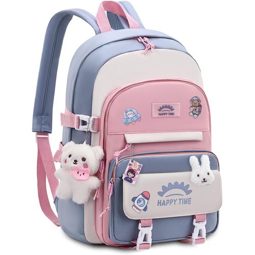 KALANKA-Cartable Fille Primaire, 20 litres Sac a Dos Fille Cartable Kawaii avec Pendentif, Sacs Scolaires Léger et Imperméable en Nylon pour Enfants de 8 à 14 Ans, Bleu