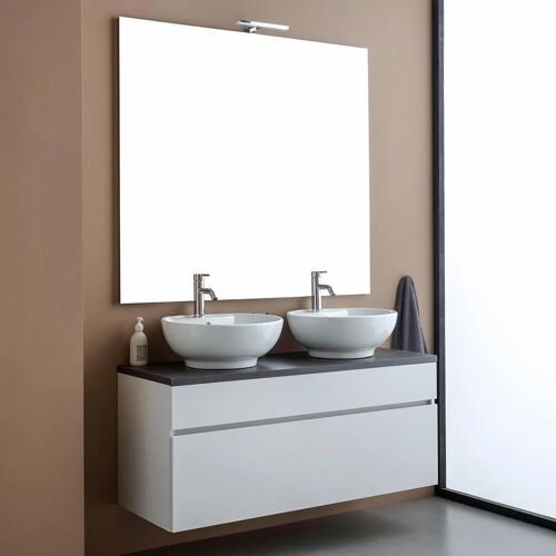 MEUBLE DE SALLE DE BAINS SOUS-VASQUE SUSPENDU 120CM BLANC, PLATEAU GRIS ET MIROIR 120X110 | SOLE