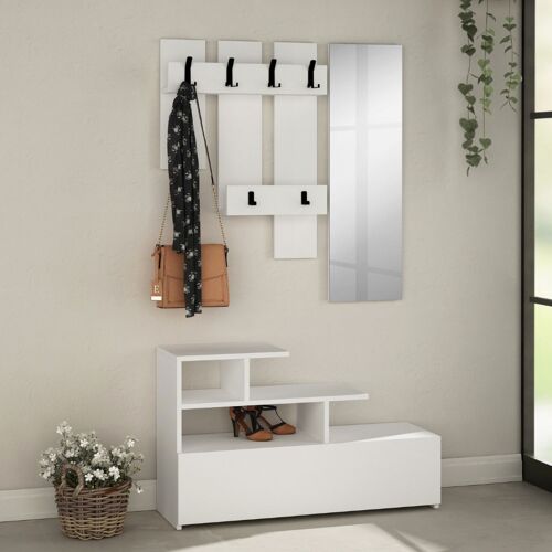 Meuble d'entrée blanc avec porte manteau, rangement et miroir MESTY