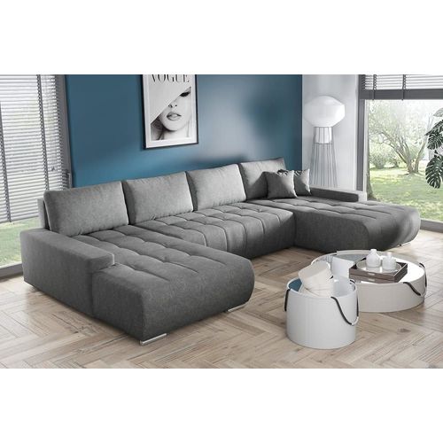 Canapé D'angle Panoramique Convertible 6 Places En Tissu Gris