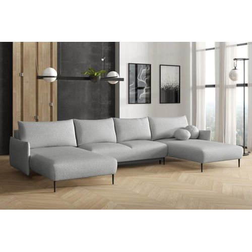 Canapé Panoramique En U 6 Places En Tissu Bouclette Gris