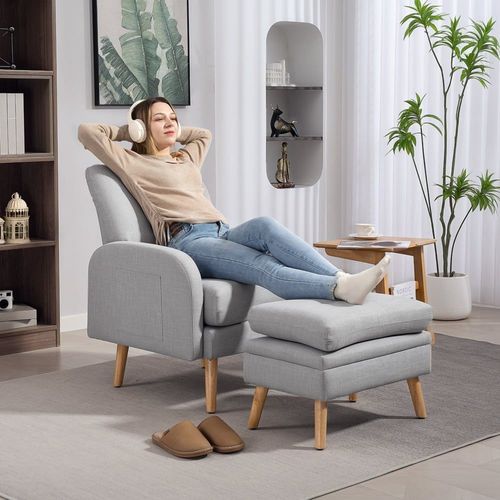 Fauteuil De Relaxation Avec Repose-Pied En Tissu Lin Gris Clair