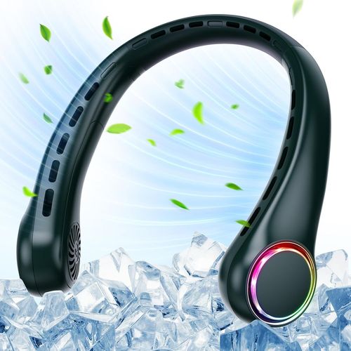 Ventilateur de cou - 4000 mAh - USB - Silencieux - 3 vitesses - Lumière LED - Portable - Pour l'extérieur, l'intérieur, le camping, les voyages, le sport - Noir