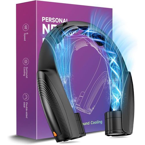 Ventilateur de Cou Portable, 6 Vitesses Ventilateur Cou Climatiseur Rechargeable 8000 mAh, 360° Cooling Ventilateur de Cou Silencieux Libres Sans Pale pour Bureau Voiture Camping Exterieur Noir
