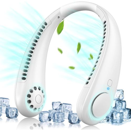 Ventilateur de Cou, 360° Ventilateur Portable Sans Lame, 3 Vitesses USB Rechargeable, Ventilateur Cou silencieux Personnel pour Bureau Domicile Voyage En Plein Air, Cadeaux pour Femmes et Hommes¿Blanc