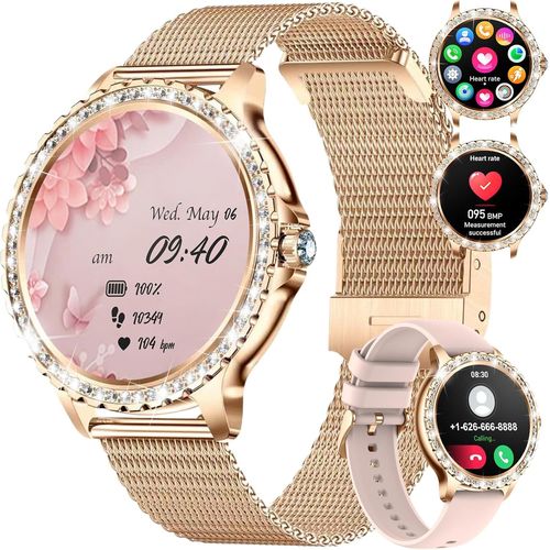 Montre Connectée Femme Bluetooth Appels Pour Android Ios 1,32"" Hd Full Touch Screen Smartwatch Diamant Maille Rose,Fréquence Cardiaque,Moniteur De Sommeil,Podomètre,Calories,100+ Mode Sport