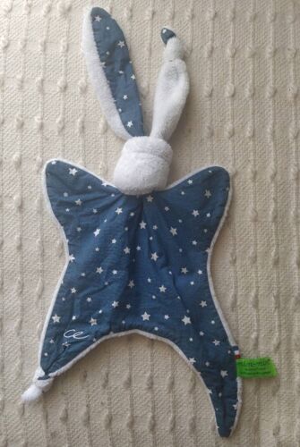 Peluche Doudou Plat Nin-Nin Made In France Lapin Blanc Tissu Bleu À Etoiles