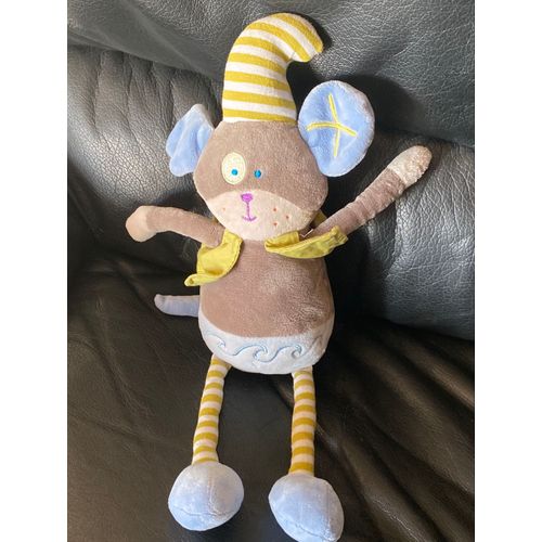Doudou peluche souris chien singe bleu gris vert rayures Nounours 38 cm