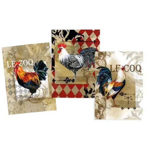 Lot De 3 Torchons Coqs En Coton Sergé