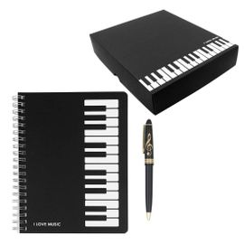 KAXDL-Adorable Coffret Cadeau Sur Le Thème De La Mélodie Du Piano Musical,1 Carnet De Notes De Musique De Piano Noir Avec 1 Stylo À Bille Design Clé De Sol (Style Clavier De Piano)