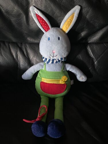 Peluche doudou lapin vert bleu écharpe rayée bleu et blanc lacet rouge oxybulle 48cm