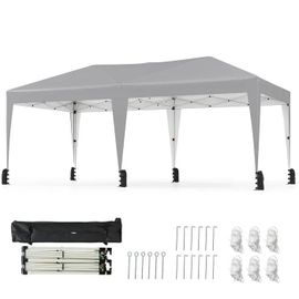 Costway Tonnelle De Jardin Pop-Up Pliable 300x590cm - Sac À Roulettes - Tente De Fête 6 Sacs De Sable - Marché Patio Camping Gris