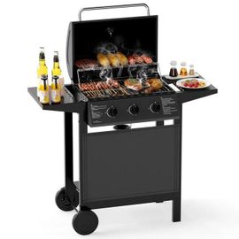 Barbecue à Gaz COSTWAY 3 Brûleurs 7kW,Thermomètre,Couvercle,2 Tables Latérales,Grilles en Acier sur Roulettes Camping,Jardin