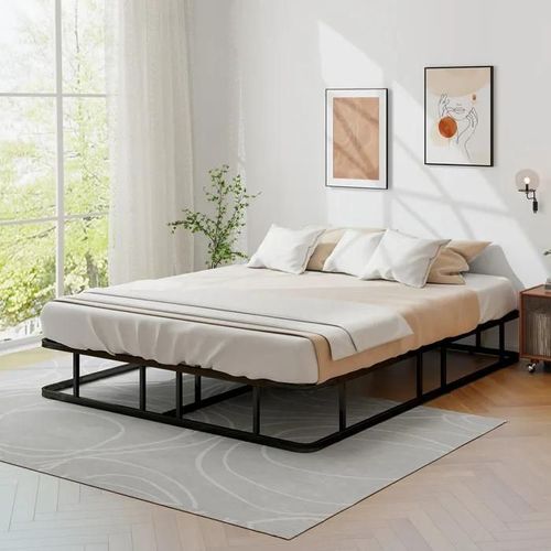 Lit Queen 140 X 200 Cm Avec Sommier Costway, 2 Personnes, Support À Lattes En Métal, Structure De Lit H26cm Avec Rangement Sous Lit