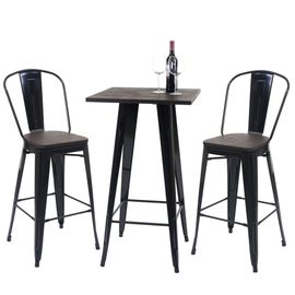 Set Table Mange-Debout + 2x Tabouret De Bar Hwc-A73, Plateau En Bois, Design Industriel, Métal   Noir