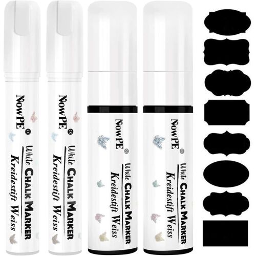 Feutre Craie Blanc, 2 Pièce Marqueurs Craie 10mm + 2 Pièce Stylo Craie Liquide 15mm + 16 Etiquettes De Tableau, Effacable Avec Chiffon Humide Ou Sec Pour Tableau Noir, Mur, Fenêtre Et Verre