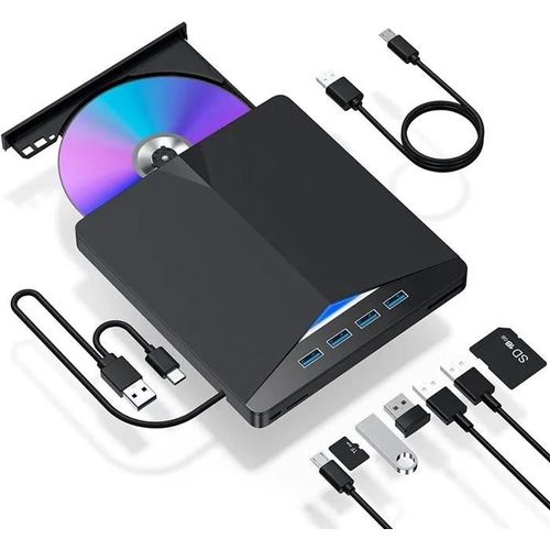 Lecteur DVD Externe - CD-ROM - USB 3.0 & Type-C - 7 en 1 - Compatible Windows & Mac - Léger