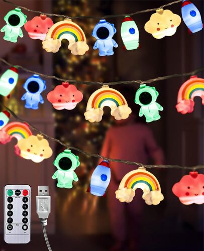 Kal-Guirlande Lumineuse Pour Chambre D'enfant, 3 M, 20 Led, Avec Batterie Et Minuterie Usb, Multicolore, 8 Modes, Guirlande Lumineuse Astronaute, Nuages, Arc-En-Ciel, Pour Chambre D'enfant, Fête