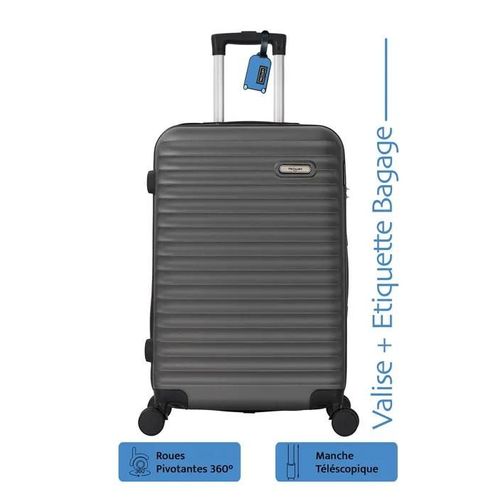 Pack Valise Moyenne 65cm Rigide Airlight Gris + Étiquette Bagage - Valise Intermédiaire 4 Roues 360 - 30kg - 65L ADC