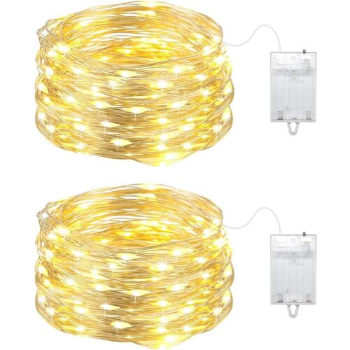 KAL-Guirlande Lumineuse Led Batterie, 50 Led Guirlandes Lumineuse, Mini Guirlande Lumineuse 2 X 5M Fil Argenté Pour Fêtes, Jardin, Noël, Halloween, Mariage, Décorations Lumineuses (Blanc Chaud)
