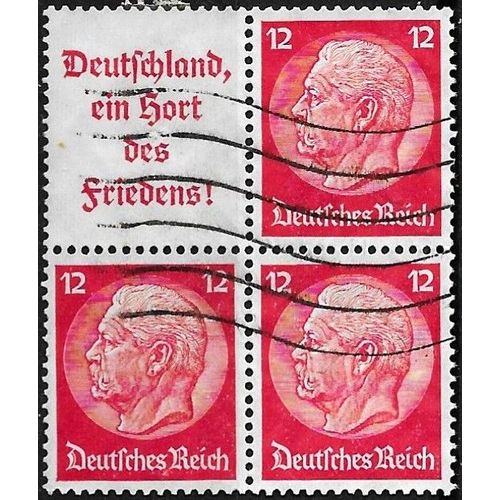 Allemagne, 3ème Reich 1933 / 36, Beau Mini-Bloc 3 Timbres Oblitérés Yvert 490, Maréchal Hindenburg 12pf. Rouge, Avec Vignette "Deutschland, Ein Hort Des Friedens", "Allemagne, Un Havre De Paix", Tbe.