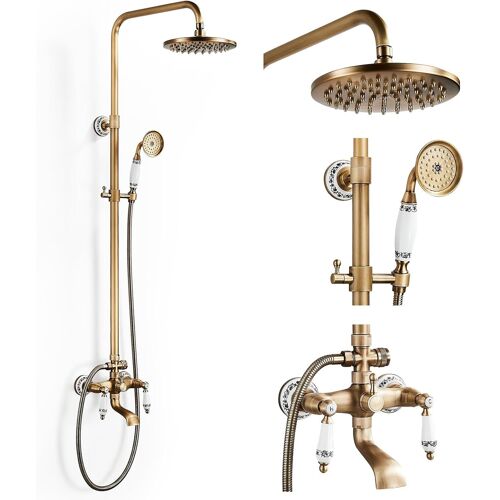 SUBZONAL-Colonne de Douche Laiton Rétro avec Mitigeur, Ensemble de Douche 3 Sorties Antique Système de Douche Set Mural avec 20 cm Tête de Douche, Douchette, Mitigeur de Baignoire, Réglable Hauteur 7